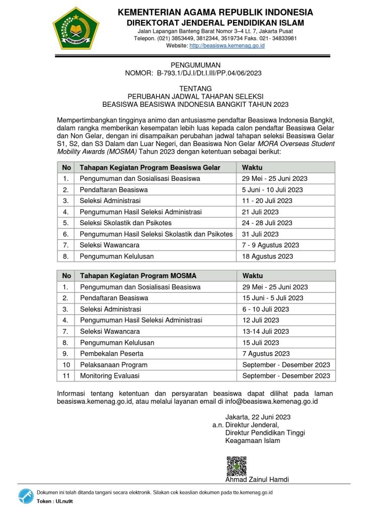 Pengumuman Perpanjangan Masa Pendaftaran Beasiswa Gelar Dan Beasiswa Non Gelar Mosma 2023 